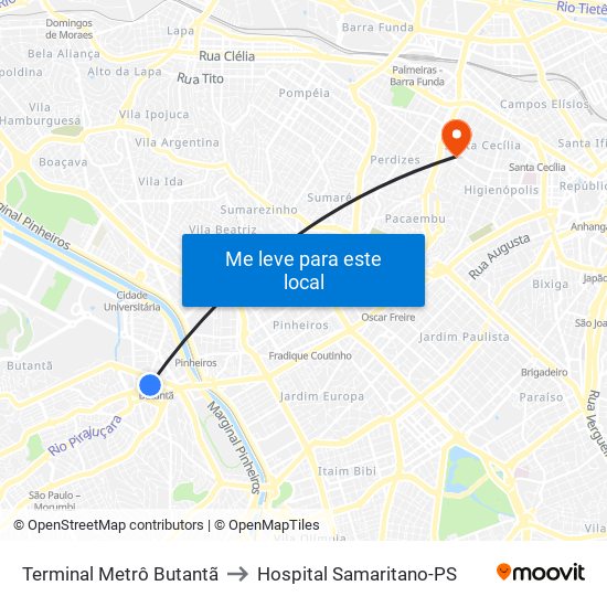 Terminal Metrô Butantã to Hospital Samaritano-PS map