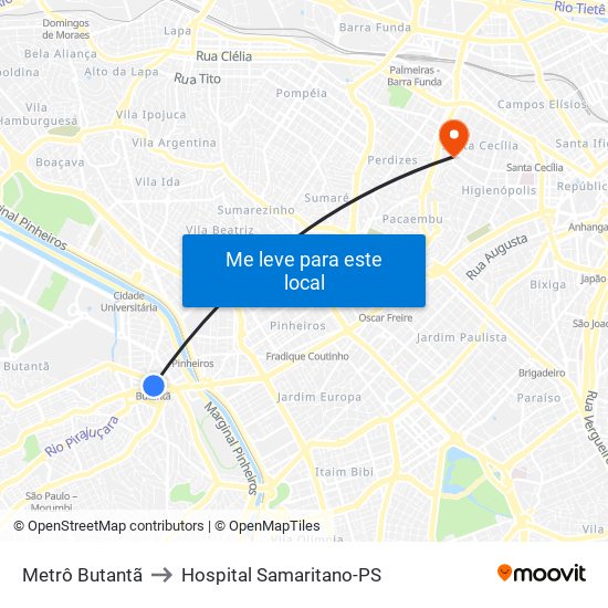 Metrô Butantã to Hospital Samaritano-PS map
