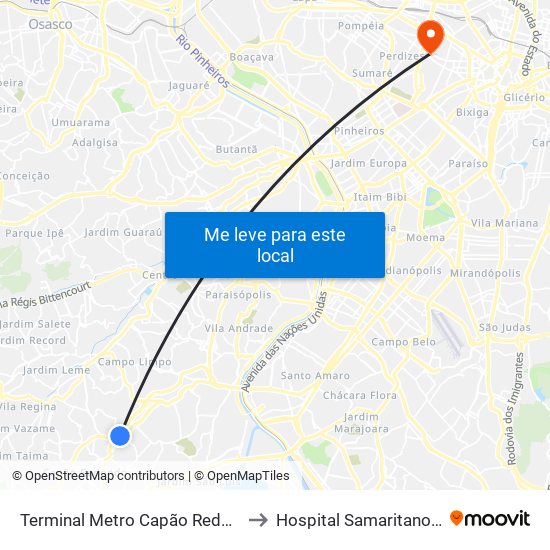 Terminal Metro Capão Redondo to Hospital Samaritano-PS map