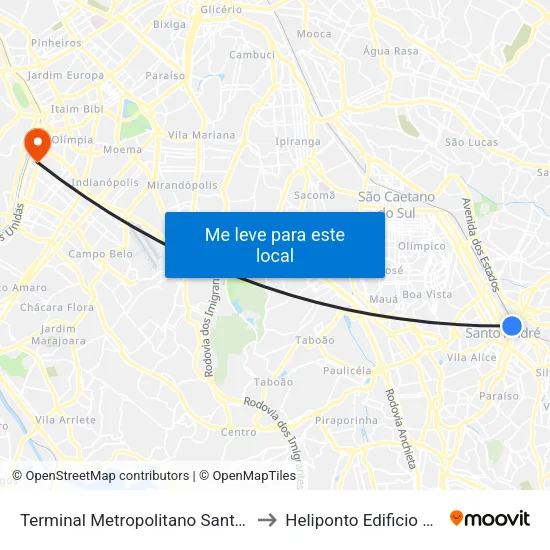 Terminal Metropolitano Santo André Oeste to Heliponto Edificio Berrini 500 map