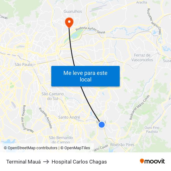 Terminal Mauá to Hospital Carlos Chagas map