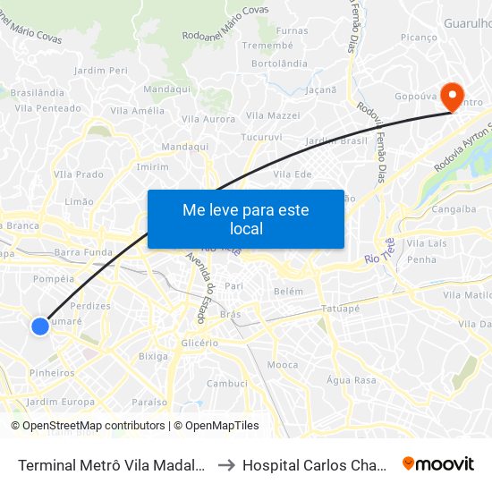 Terminal Metrô Vila Madalena to Hospital Carlos Chagas map