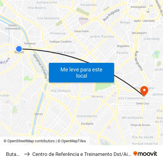 Butantã to Centro de Referência e Treinamento Dst / Aids-Sp map