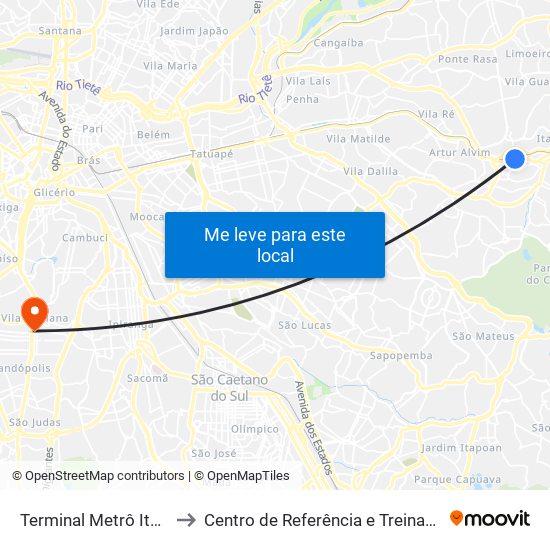 Terminal Metrô Itaquera Norte to Centro de Referência e Treinamento Dst / Aids-Sp map