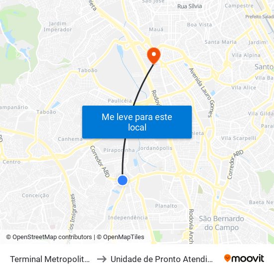 Terminal Metropolitano Piraporinha to Unidade de Pronto Atendimento Rudge Ramos map