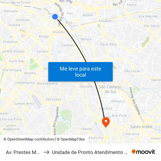 Av. Prestes Maia, 940 to Unidade de Pronto Atendimento Rudge Ramos map