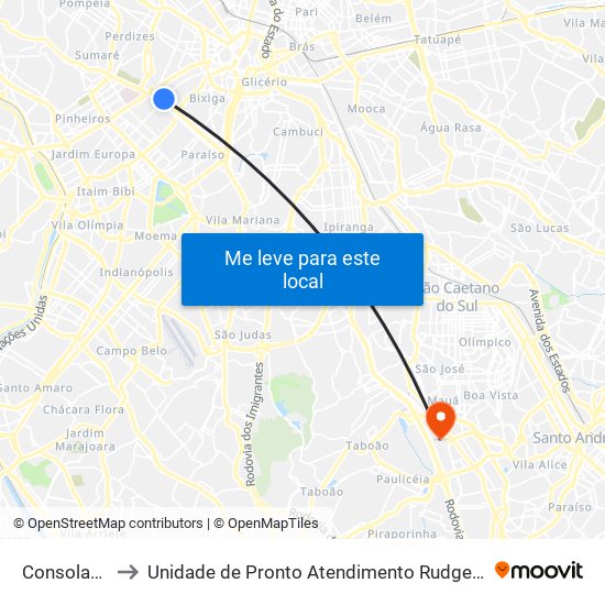 Consolação to Unidade de Pronto Atendimento Rudge Ramos map