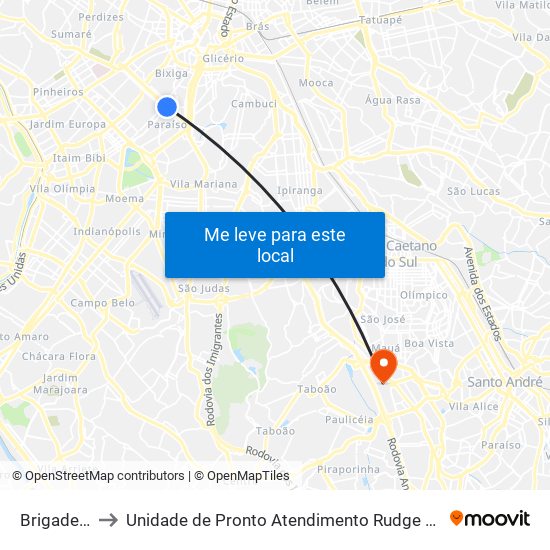 Brigadeiro to Unidade de Pronto Atendimento Rudge Ramos map