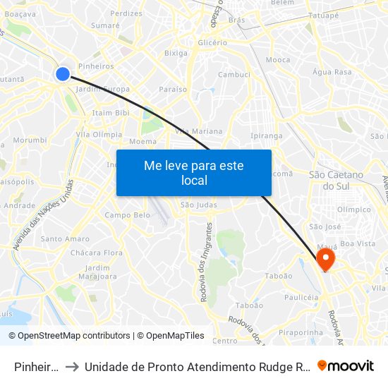 Pinheiros to Unidade de Pronto Atendimento Rudge Ramos map