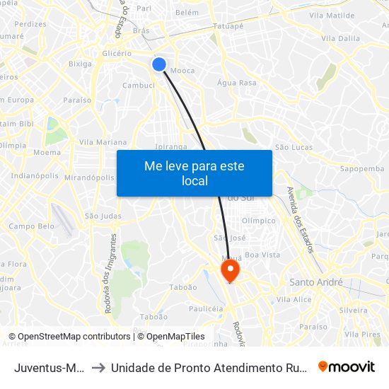 Juventus-Mooca to Unidade de Pronto Atendimento Rudge Ramos map