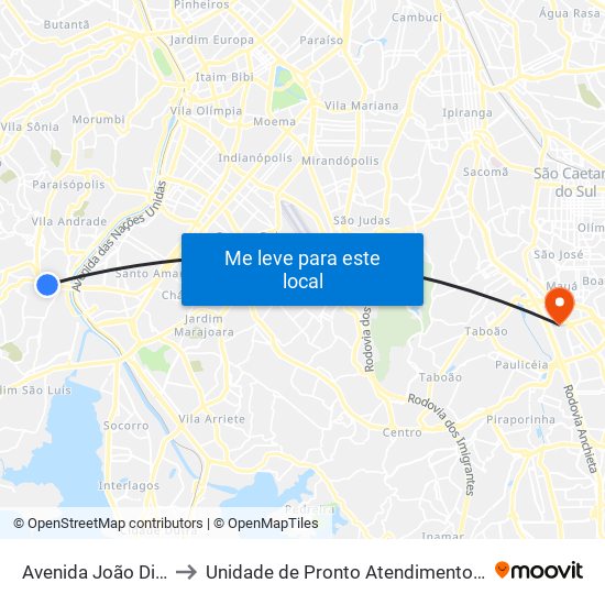 Avenida João Dias 2841 to Unidade de Pronto Atendimento Rudge Ramos map