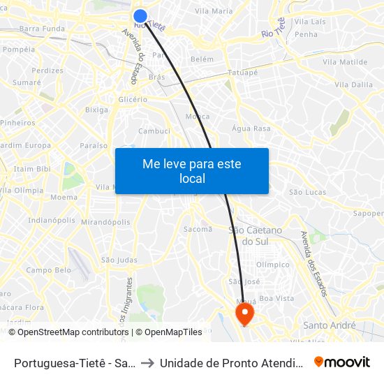 Portuguesa-Tietê - Santana, São Paulo to Unidade de Pronto Atendimento Rudge Ramos map