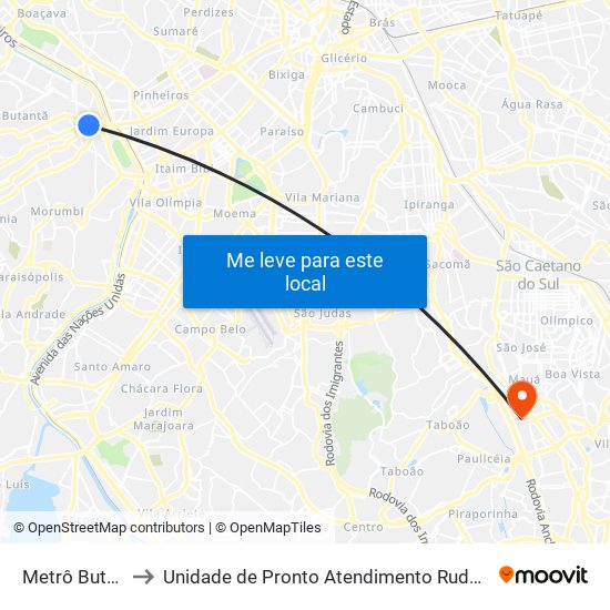 Metrô Butantã to Unidade de Pronto Atendimento Rudge Ramos map