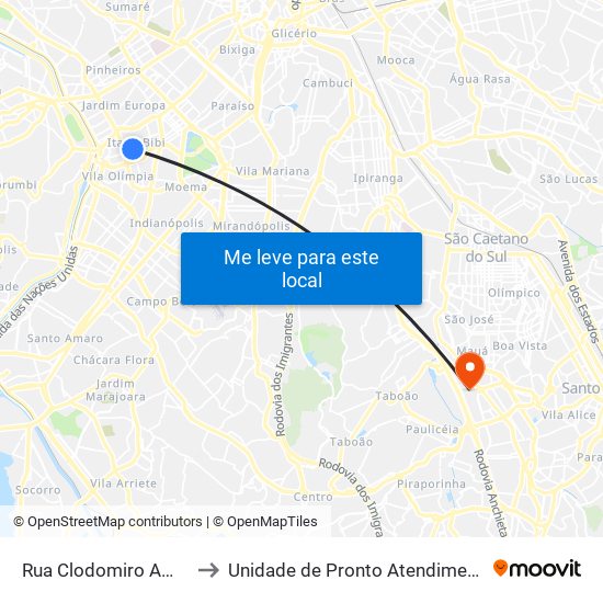 Rua Clodomiro Amazonas 221 to Unidade de Pronto Atendimento Rudge Ramos map