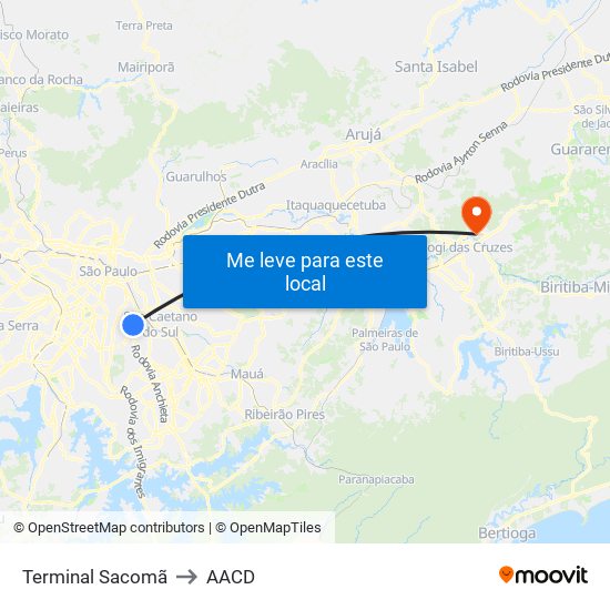 Terminal Sacomã to AACD map