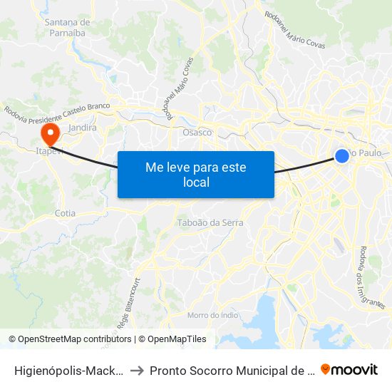 Higienópolis-Mackenzie to Pronto Socorro Municipal de Itapevi map