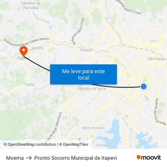 Moema to Pronto Socorro Municipal de Itapevi map