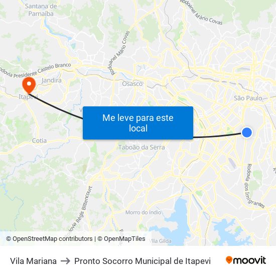 Vila Mariana to Pronto Socorro Municipal de Itapevi map