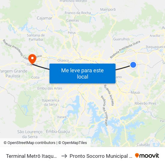 Terminal Metrô Itaquera Norte to Pronto Socorro Municipal de Itapevi map