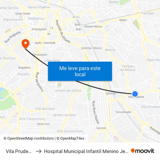 Vila Prudente to Hospital Municipal Infantil Menino Jesus map