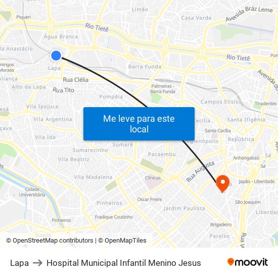 Lapa to Hospital Municipal Infantil Menino Jesus map