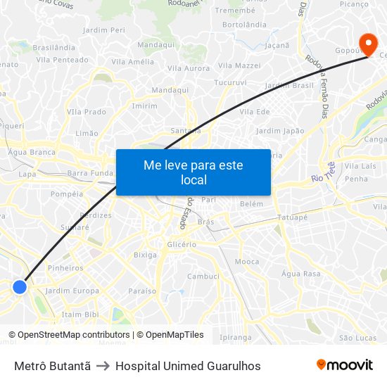 Metrô Butantã to Hospital Unimed Guarulhos map