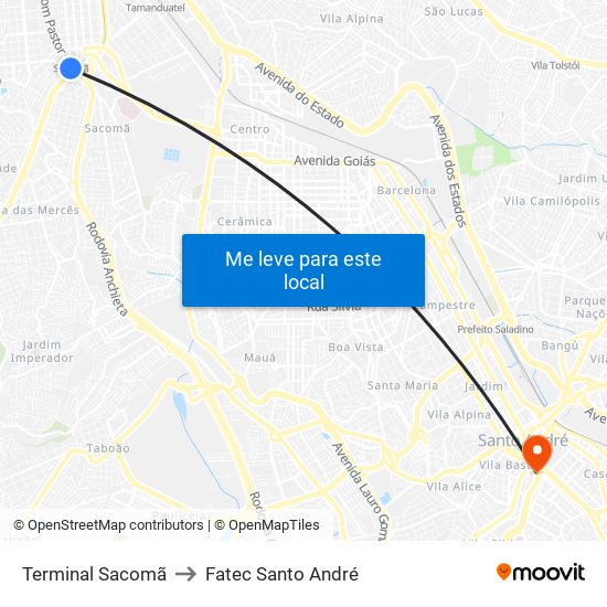 Terminal Sacomã to Fatec Santo André map