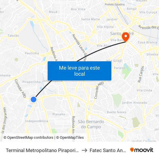 Terminal Metropolitano Piraporinha to Fatec Santo André map