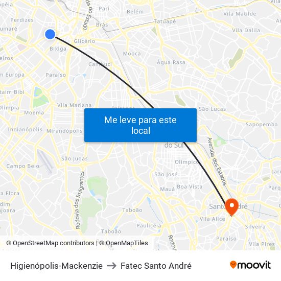 Higienópolis-Mackenzie to Fatec Santo André map