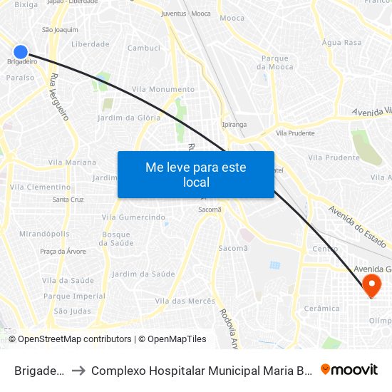 Brigadeiro to Complexo Hospitalar Municipal Maria Braido map