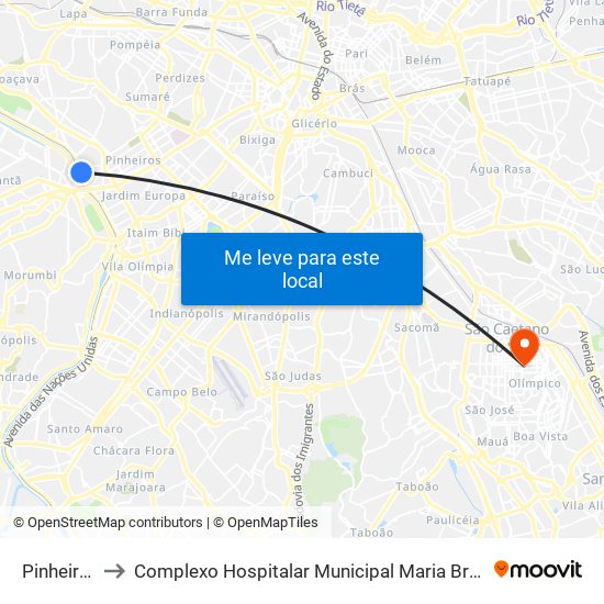 Pinheiros to Complexo Hospitalar Municipal Maria Braido map