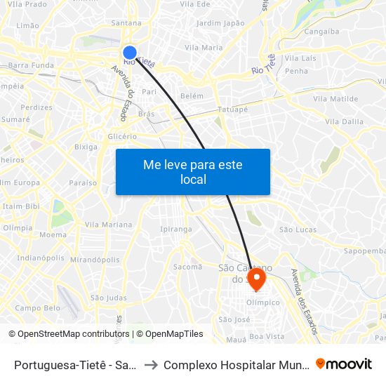 Portuguesa-Tietê - Santana, São Paulo to Complexo Hospitalar Municipal Maria Braido map