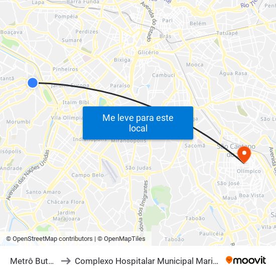 Metrô Butantã to Complexo Hospitalar Municipal Maria Braido map