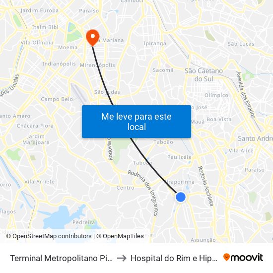 Terminal Metropolitano Piraporinha to Hospital do Rim e Hipertensão map