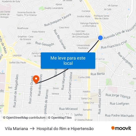 Vila Mariana to Hospital do Rim e Hipertensão map
