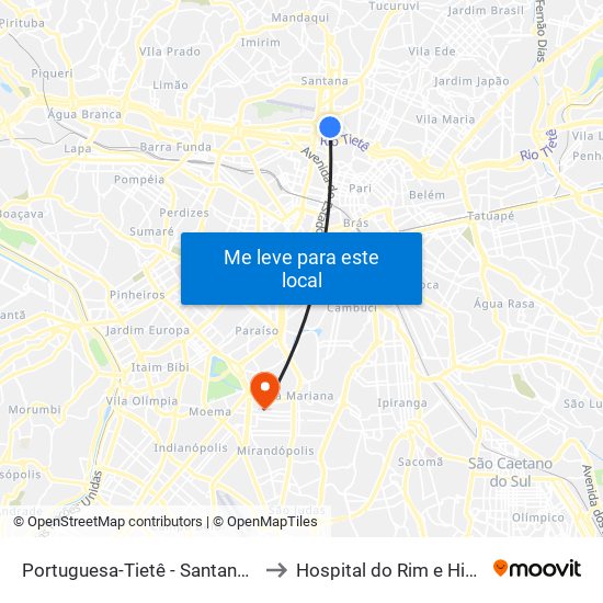 Portuguesa-Tietê - Santana, São Paulo to Hospital do Rim e Hipertensão map