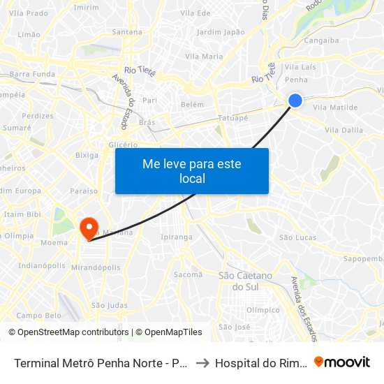 Terminal Metrô Penha Norte - Penha de França, São Paulo to Hospital do Rim e Hipertensão map