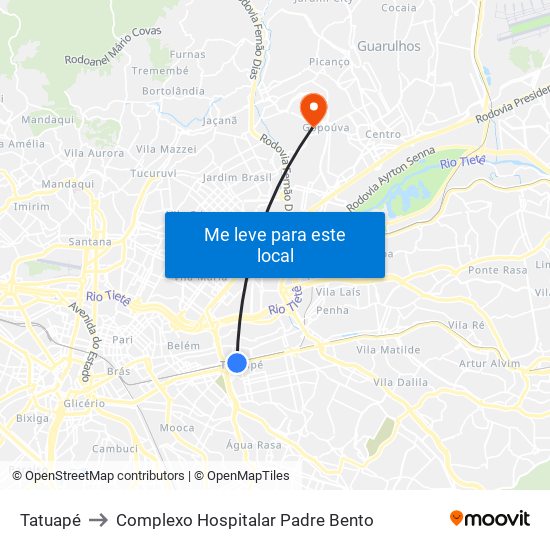 Tatuapé to Complexo Hospitalar Padre Bento map