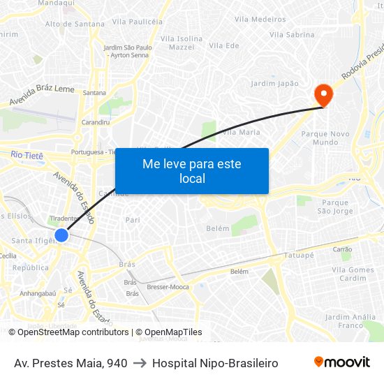 Av. Prestes Maia, 940 to Hospital Nipo-Brasileiro map