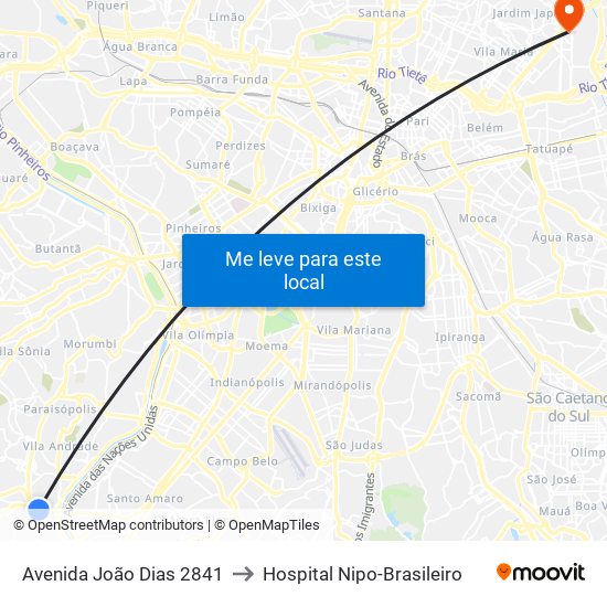 Avenida João Dias 2841 to Hospital Nipo-Brasileiro map