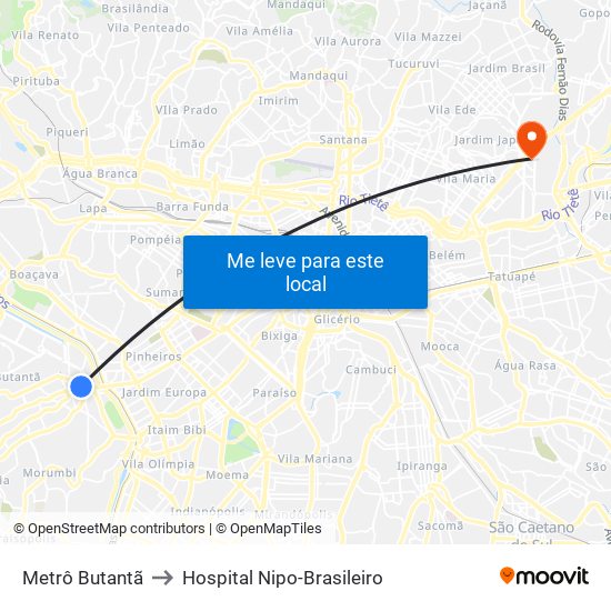 Metrô Butantã to Hospital Nipo-Brasileiro map