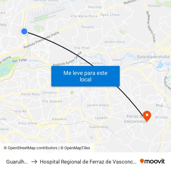 Guarulhos-Cecap to Hospital Regional de Ferraz de Vasconcelos Doutor Osiris Florindo Coelho map