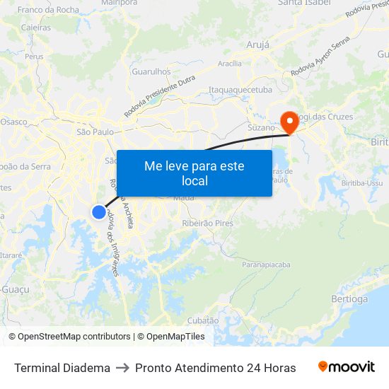 Terminal Diadema to Pronto Atendimento 24 Horas map