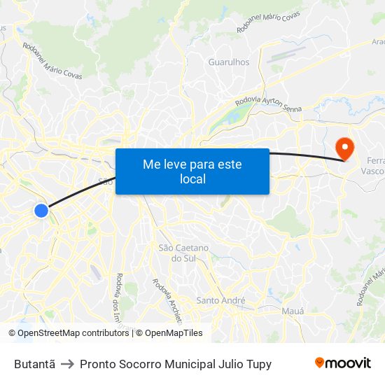 Butantã to Pronto Socorro Municipal Julio Tupy map
