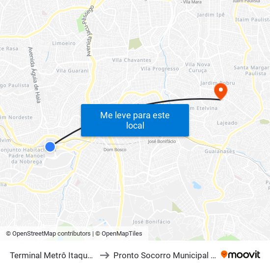 Terminal Metrô Itaquera Norte to Pronto Socorro Municipal Julio Tupy map