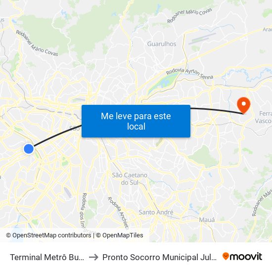 Terminal Metrô Butantã to Pronto Socorro Municipal Julio Tupy map