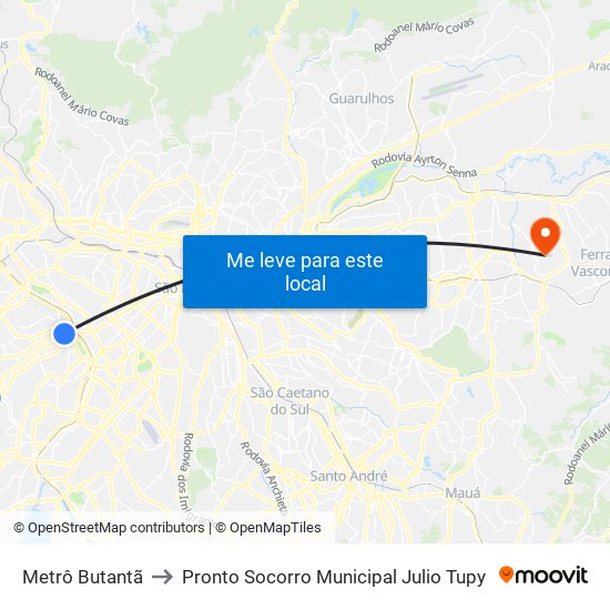 Metrô Butantã to Pronto Socorro Municipal Julio Tupy map