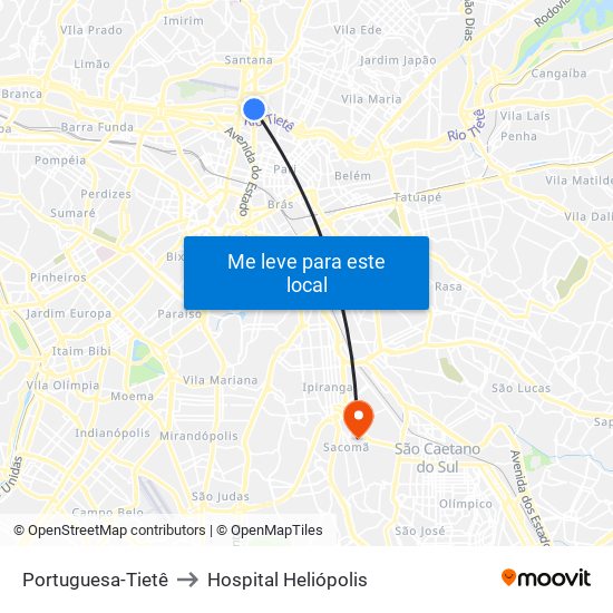 Portuguesa-Tietê to Hospital Heliópolis map