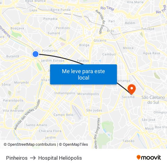 Pinheiros to Hospital Heliópolis map