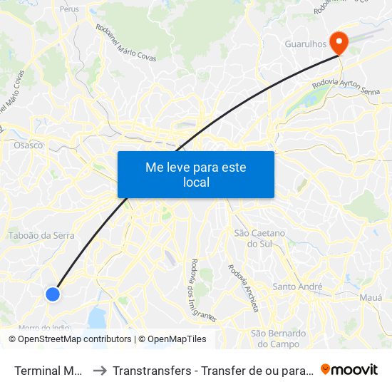Terminal Metro Capão Redondo to Transtransfers - Transfer de ou para o Aeroporto de Guarulhos, Congonhas e Viracopos. map